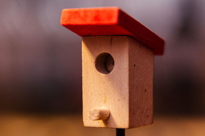 Close-up of wood birdhouse