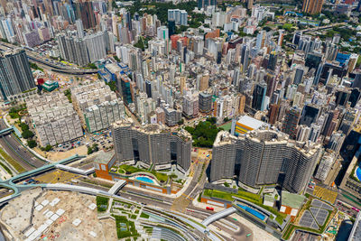 High angle view of modern buildings in city