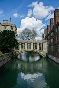 Arch bridge over canal and buildings against sky