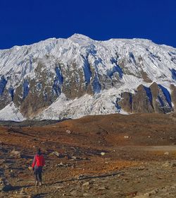 Rear view of person walking on land against snowcapped mountain