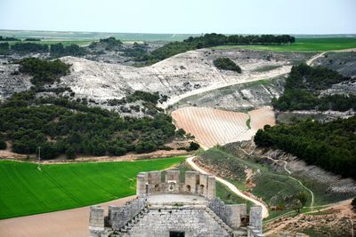 High angle view of castle in field