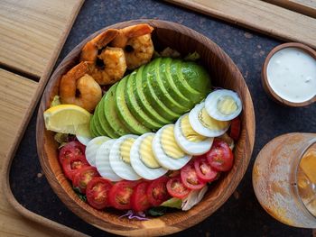 High angle view of breakfast on table