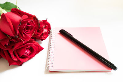 High angle view of red rose on table