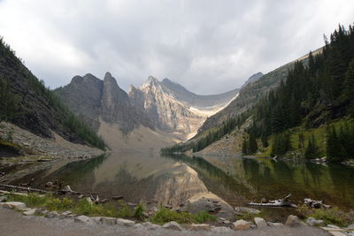 Scenic view of lake and mountains against sky