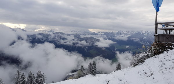 Scenic view of snowcapped mountains against sky