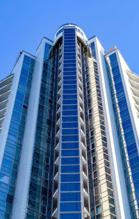 Low angle view of modern buildings against clear blue sky