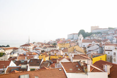 High angle view of townscape against clear sky