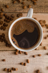 High angle view of coffee cup on table