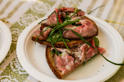 Close-up of food served in plate on table