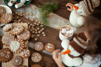 High angle view of christmas decorations on table