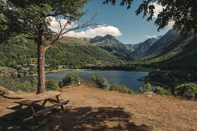 Scenic view of lake and mountains against sky