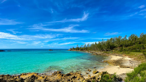 Scenic view of sea against blue sky