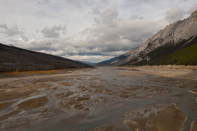 Aerial view of medicine lake in which different streams form, in the canadian rockies.