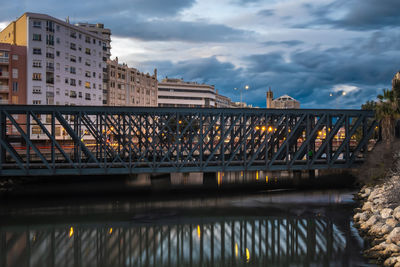 Bridge over river against sky in city