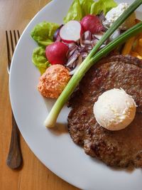 High angle view of food served in plate