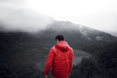 Rear view of man looking at landscape against sky