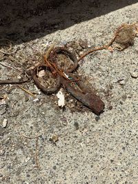 High angle view of rusty metal on beach