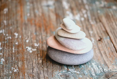 Close-up of stone stack on table