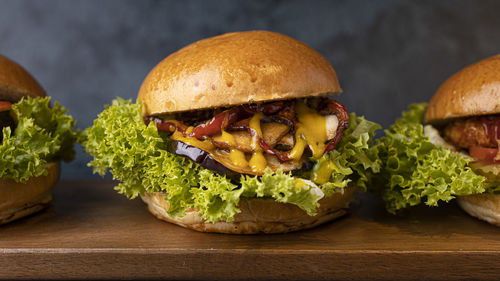 Close-up of burger on table