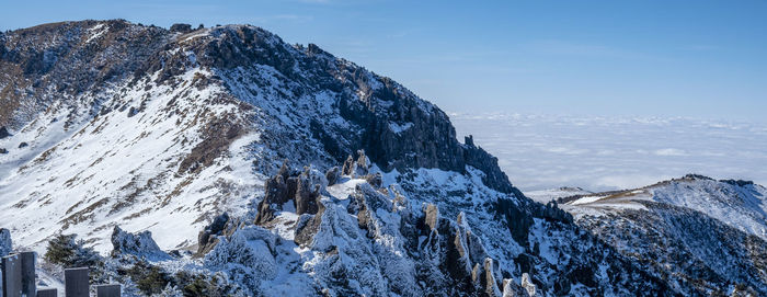 Panoramic view of snowcapped mountains against sky