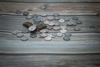 Close-up of coins on table