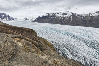 Scenic view of mountains and glacier against sky