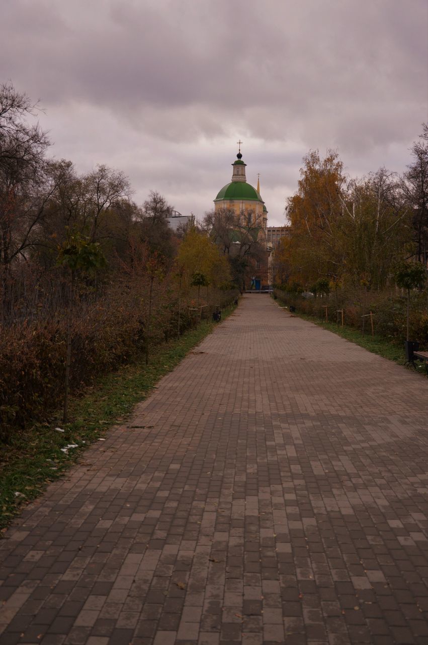 sky, architecture, cloud - sky, tree, no people, leading, outdoors, the way forward, building exterior, built structure, day