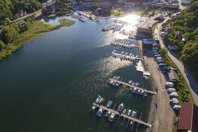 Aerial of harbor and seafront valdemarsvik in Östergötland