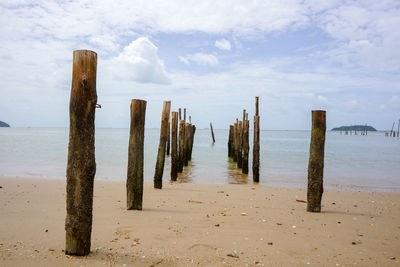 Wooden posts on beach against sky