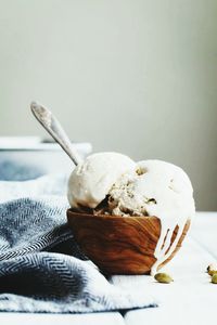 Ice cream in bowls on table