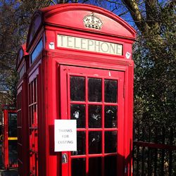 Close-up of red telephone booth