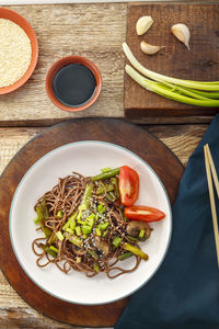 High angle view of meal served on table