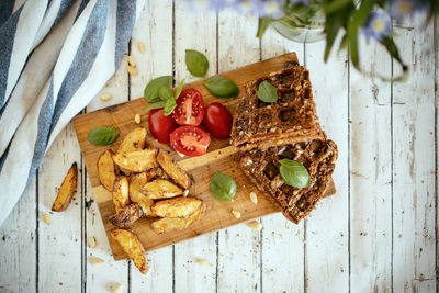 High angle view of fruits in plate on table