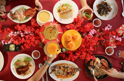 High angle view of meal served on table