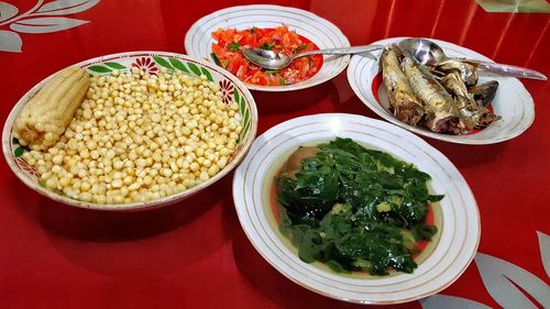 High angle view of meal served on table