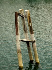 Wooden posts in sea