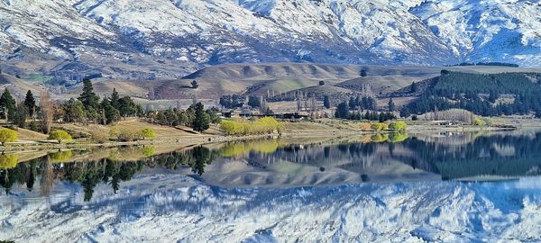 Scenic view of lake and snowcapped mountains