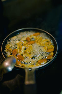 High angle view of soup in bowl on table