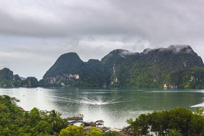 Scenic view of lake and mountains against sky