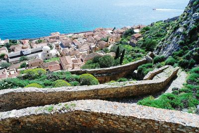 High angle view of buildings by sea at monemvasia