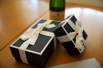 Close-up of wrapped gifts on table