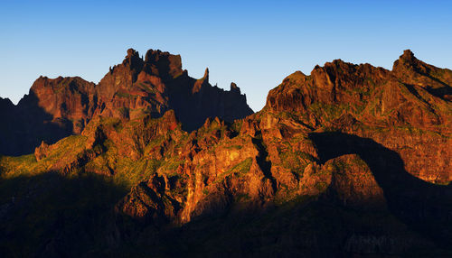 View of rocky mountains against clear sky