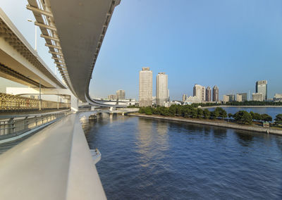 View of the bay of odaiba with daiba park, mall and hotels.