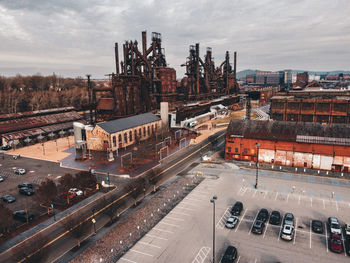 High angle view of buildings in city