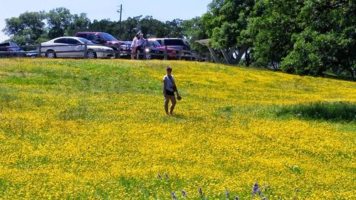 Rear view of man walking on field against sky