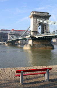 Szechenyi chain bridge over river against sky