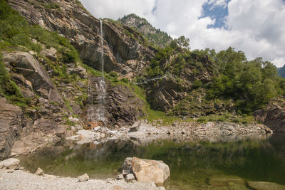 Beautiful view of sajont waterfall in the famous antrona lake, piedmont