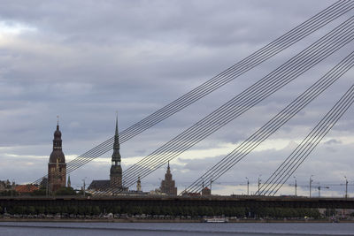 View of suspension bridge against cloudy sky