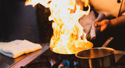 Close-up of fire in cooking pan