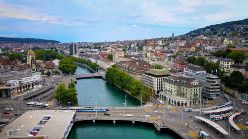 High angle view of buildings in city